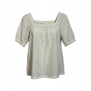Ann Taylor LOFT Petite Eyelet Square Neck Puff Sleeve Blouse Cream Romantic 2P‎
